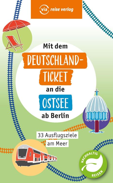 Texte: "Mit dem Deutschland-Ticket an die Ostsee ab Berlin", "33 Ausflugsziele am Meer", "Nachhaltig Reisen". Illustration: Zug, Gleise, Schirm, Pavillon.