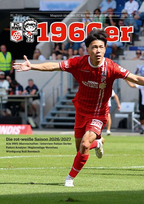 "1966er", Magazin FC Rot-Weiß Erfurt, September 2026. Spieler läuft im roten Trikot, Fans im Hintergrund.