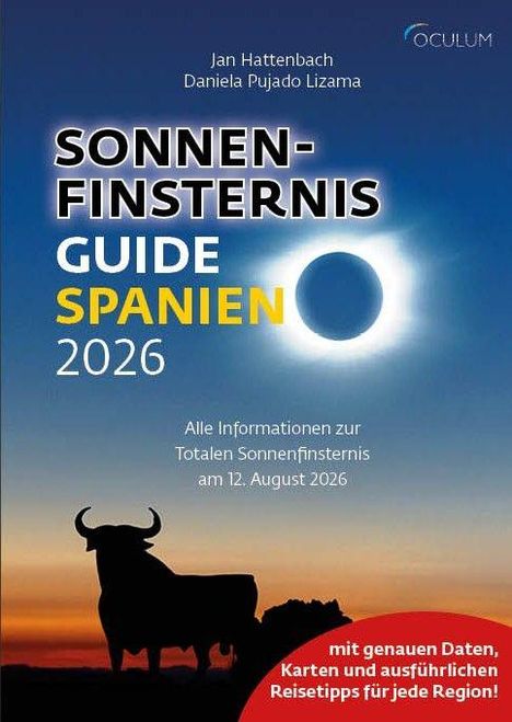 Text: "Sonnenfinsternis Guide Spanien 2026". Silhouette eines Stiers vor einem Sonnenuntergang.