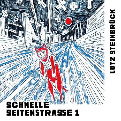 Text: "Lutz Steinbrück", "Schnelle Seitenstrasse 1". Illustration: Katze im roten Anzug auf einer futuristischen Straße.