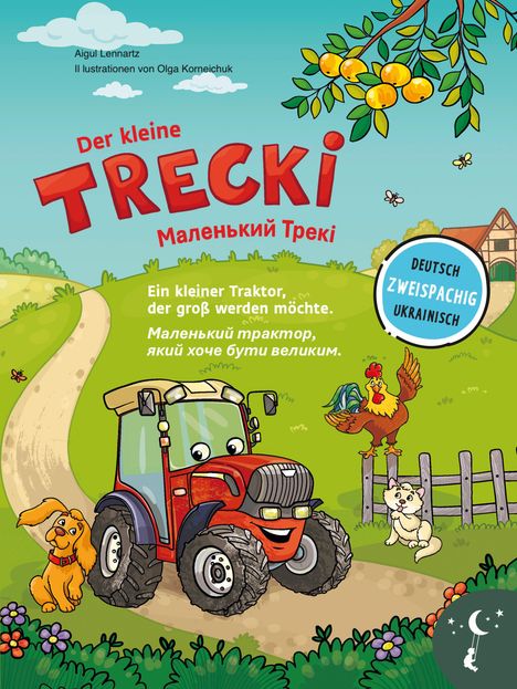 Buchtitel "Der kleine Trecki" auf Deutsch und Ukrainisch. Illustration: Roter Traktor mit fröhlichem Hund, Hahn und Katze.