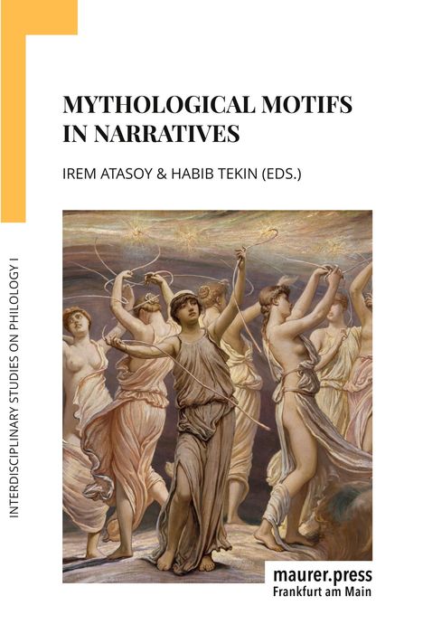 "MYTHOLOGICAL MOTIFS IN NARRATIVES" mit Gemälde: Tanzende Figuren, klassisch gekleidet, in Bewegung.