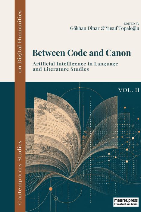 "Between Code and Canon", Bd. II, KI in Sprache und Literatur. Stilisiertes Buch mit geometrischen Mustern.