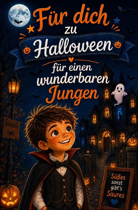 Text: "Für dich zu Halloween für einen wunderbaren Jungen." Junge im Vampirkostüm vor gruselig dekoriertem Haus.