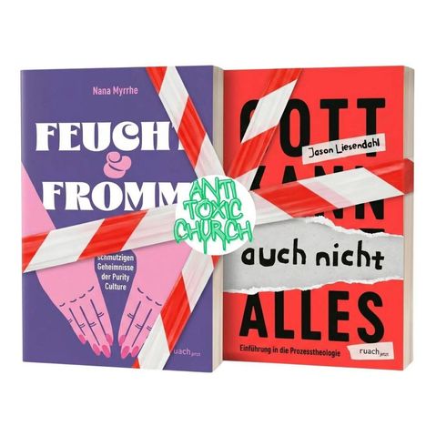 "FEUCHT & FROMM", "GOTT KANN auch nicht ALLES", "ANTI TOXIC CHURCH". Zwei Buchcover mit rot-weißem Band.