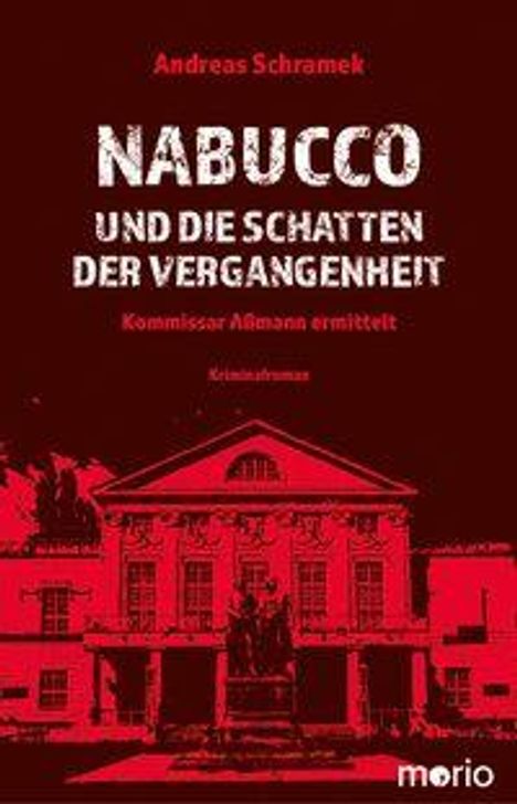 "NABUCCO UND DIE SCHATTEN DER VERGANGENHEIT. Kommissar Adenauer ermittelt." Roter Hintergrund mit Gebäude-Silhouette.