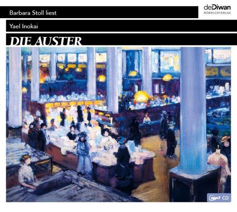 Text: "Barbara Stoll liest", "Yael Inokai", "DIE AUSTER". Gemälde einer belebten Markthalle mit vielen Menschen.