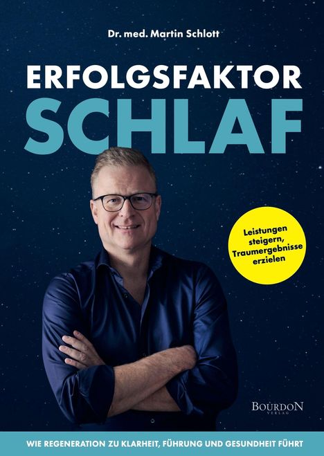 Der Text lautet: „Erfolgsfaktor Schlaf“ und „Leistungen steigern, Traumergebnisse erzielen“. Ein Mann mit Brille lächelt.
