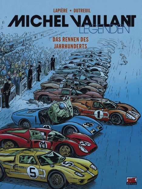 "Michel Vaillant Legenden: Das Rennen des Jahrhunderts" darüber Rennwagen an der Startlinie, Zuschauer im Hintergrund.