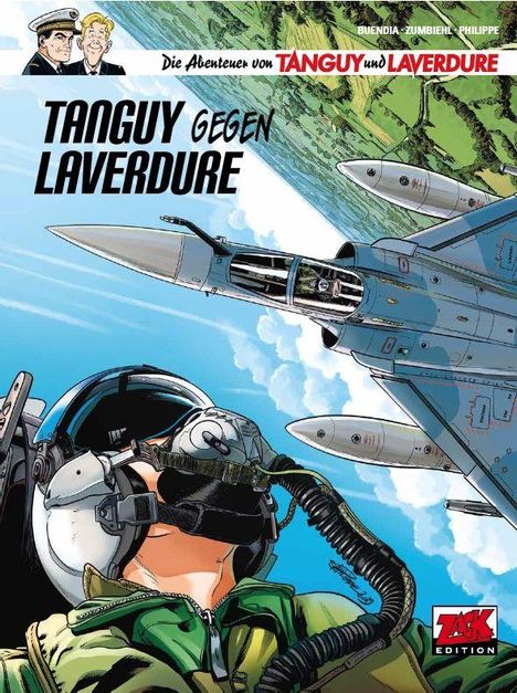 "TANGUY GEGEN LAVERDURE" steht über einem Jet und Piloten in Action-Pose. Oben zwei stilisierte, lächelnde Gesichter.