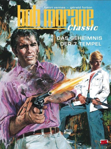 Text: "bob morane Classic", "DAS GEHEIMNIS DER 7 TEMPEL". Illustration mit zwei bewaffneten Männern im Dschungel.