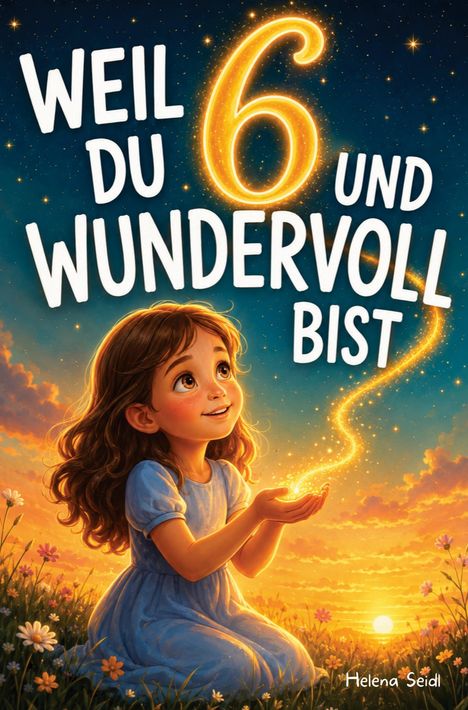„Weil du 6 und wundervoll bist.“ Ein Mädchen im blauen Kleid hält glitzerndes Licht in einem blühenden Feld bei Sonnenuntergang.