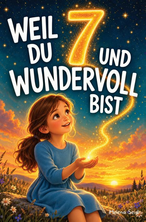 Text: "Weil du 7 und wundervoll bist". Illustration: Mädchen in blauem Kleid hält funkelnden Lichtstrahl bei Sonnenuntergang.