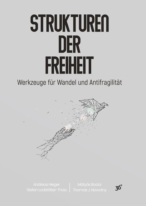 „STRUKTUREN DER FREIHEIT – Werkzeuge für Wandel und Antifragilität“. Polygonale Hand formt Vogel. Autoren: Andreas Hieger, Stefan Ladstätter-Thaa, Mátyás Bodor, Thomas J. Nowotny. Unten rechts eine stilisierte 36°.