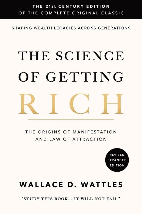 "The Science of Getting Rich" von Wallace D. Wattles. Einfache, elegante Typografie auf hellem Hintergrund.