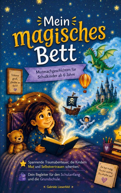 "Mein magisches Bett" - Mutmachgeschichten ab 6 Jahre. Junge liest, umgeben von Drachen und Weltraumabenteuern.