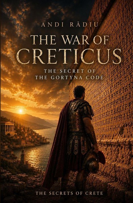 ANDI RĂDIU. THE WAR OF CRETICUS. THE SECRET OF THE GORTYNA CODE. THE SECRETS OF CRETE. Ein Krieger blickt auf antike Stadt bei Sonnenuntergang.