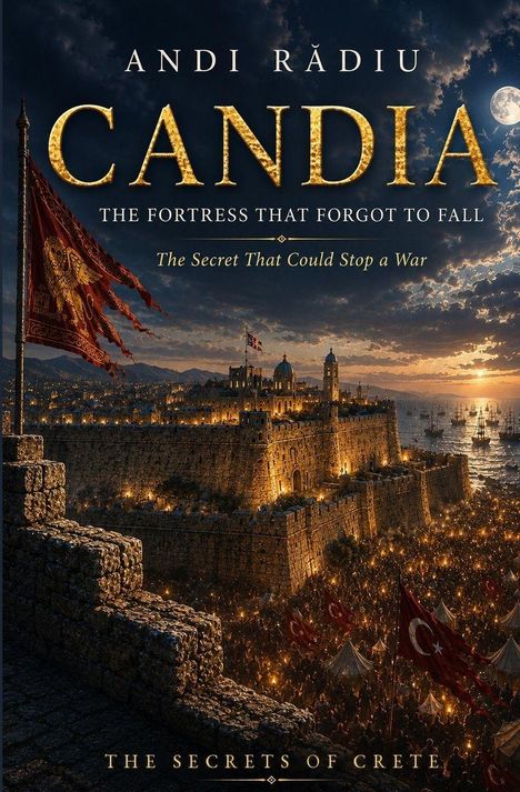 Titel: "Candia: The Fortress That Forgot to Fall". 
Untertitel: "The Secret That Could Stop a War". 
Festung bei Sonnenuntergang, Schiffe im Meer.