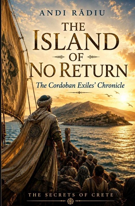 Oben steht "Andi Rădiu". Darunter: "The Island of No Return", "The Cordoban Exiles’ Chronicle". Im Hintergrund eine Insel.