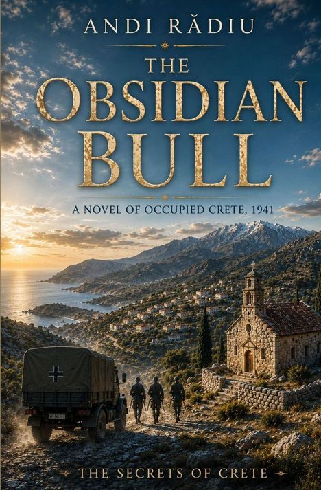 "ANDI RĂDIU: THE OBSIDIAN BULL – A NOVEL OF OCCUPIED CRETE, 1941 – THE SECRETS OF CRETE" vor Küste, Bergen, Kirche, Soldaten.