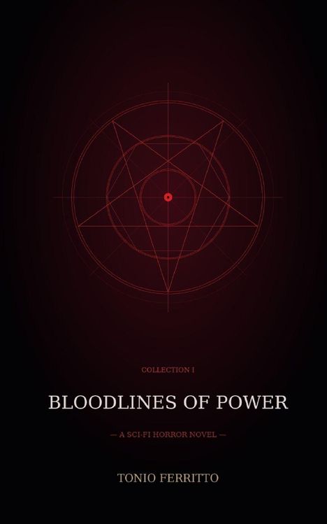 „Collection I: Bloodlines of Power“, ein Sci-Fi-Horror-Roman von Tonio Ferritto. Rotes geometrisches Muster auf schwarzem Hintergrund.