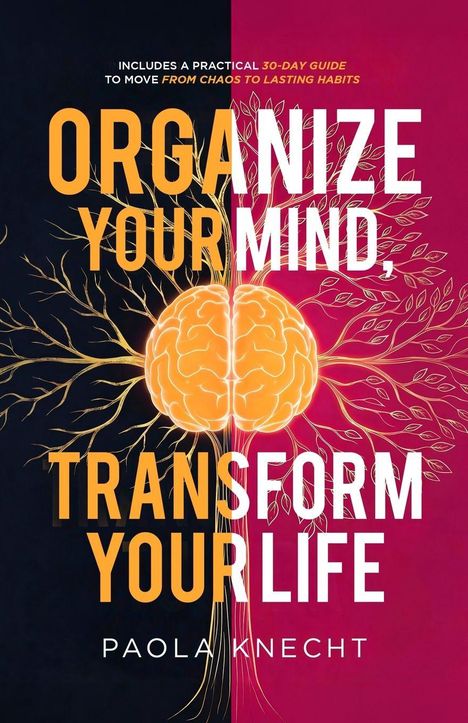"ORGANIZE YOUR MIND, TRANSFORM YOUR LIFE" von Paola Knecht. Oben eine Anleitung, unten ein stilisiertes Gehirn.