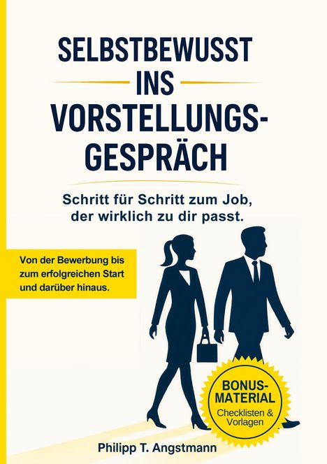 Cover eines Buches: "Selbstbewusst ins Vorstellungsgespräch." Silhouetten eines Mannes und einer Frau im Geschäftsoutfit.