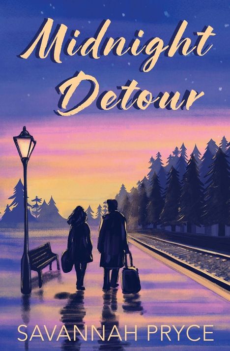 "Midnight Detour" und "Savannah Pryce" in geschwungener Schrift. Eine Illustration mit zwei Personen auf einem Bahnsteig bei Abenddämmerung.
