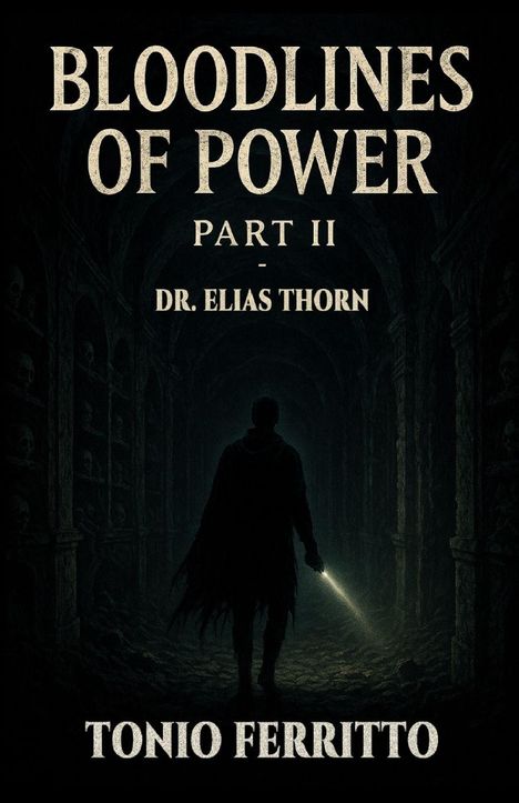 "BLOODLINES OF POWER PART II - DR. ELIAS THORN. Unten steht TONIO FERRITTO. Illustration: Eine Person in einem dunklen Gewölbe."