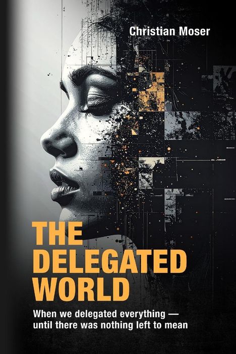 "The Delegated World" von Christian Moser. Seite eines stilisierten Gesichts aus geometrischen Fragmenten auf dunklem Hintergrund.