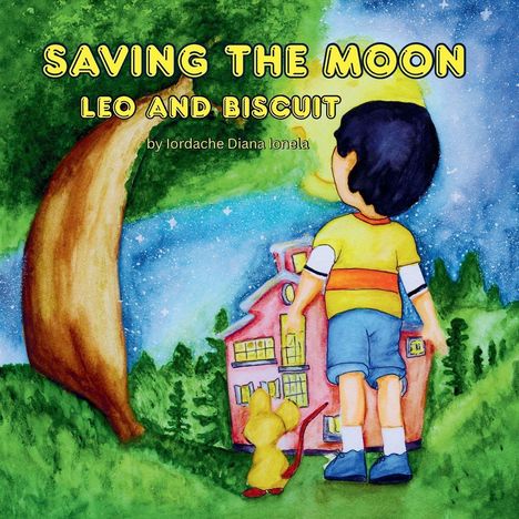 „SAVING THE MOON, LEO AND BISCUIT“ von Iordache Diana Ionela. Illustration: Kind neben einer Maus vor einem Haus.
