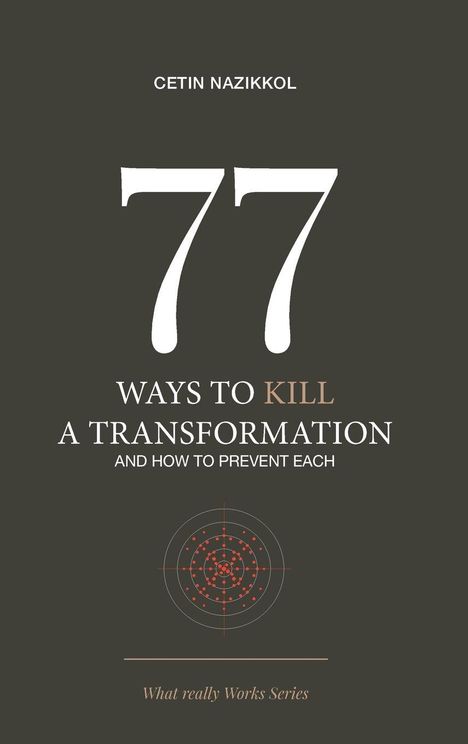 Titel: "77 Ways to Kill a Transformation". Ein schlichter, dunkler Hintergrund mit stilisierter Zielscheibe.