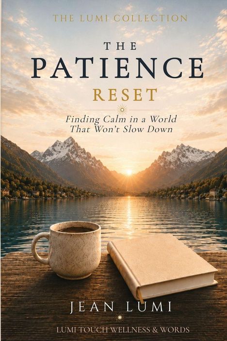„The Lumi Collection: The Patience Reset. Finding Calm in a World That Won’t Slow Down.“ Tasse und Buch vor Berglandschaft.