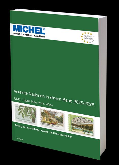 "Vereinte Nationen in einem Band 2025/2026. UNO – Genf, New York, Wien." Grüner Buchumschlag mit Briefmarken-Abbildungen.