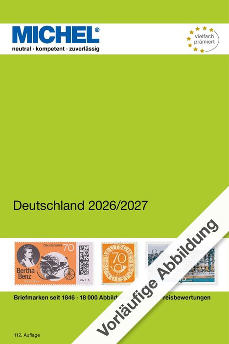 MICHEL Deutschland 2026/2027. Vorläufige Abbildung. Briefmarken seit 1846. Grün mit Briefmarkenreihe unten.