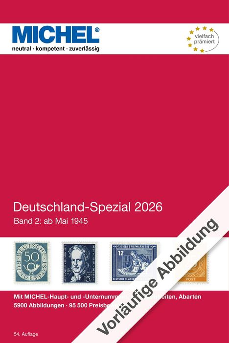 „Deutschland-Spezial 2026, Band 2: ab Mai 1945“. Rote und weiße Buchcover-Illustration mit Briefmarken und diagonaler Schrift.