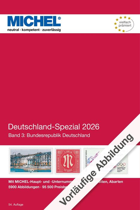 "Deutschland-Spezial 2026", Band 3: Bundesrepublik. Auf rotem Hintergrund mit Briefmarken und "Vorläufige Abbildung".