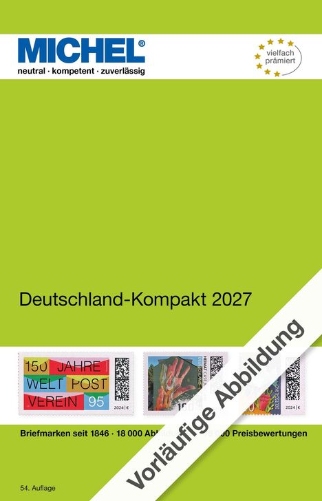 Vorläufige Abbildung. Deutschland-Kompakt 2027. Markenabbildungen. Grüner Hintergrund, oben blaues Logo: MICHEL.