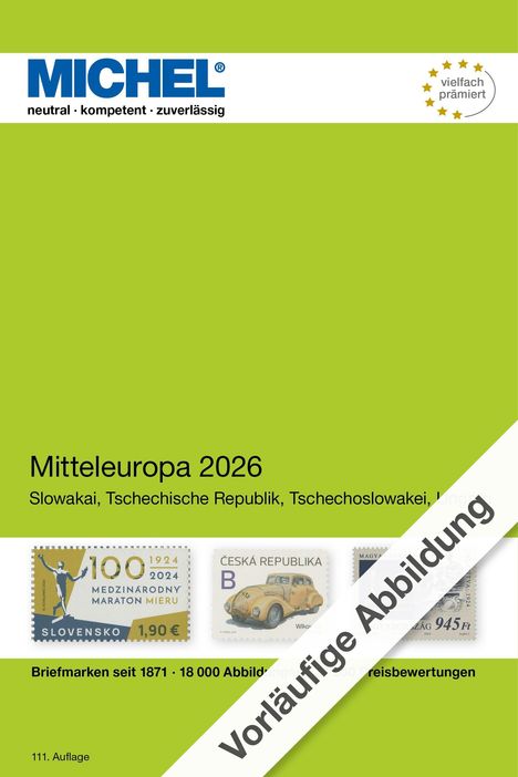 Vorläufige Abbildung, Mitteleuropa 2026, MICHEL, Slowakai, Tschechische Republik, Briefmarken seit 1871.