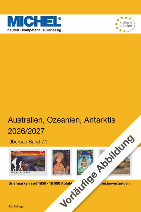 „Australien, Ozeanien, Antarktis 2026/2027“, „Vorläufige Abbildung“. Briefmarkenbilder und gelber Hintergrund.