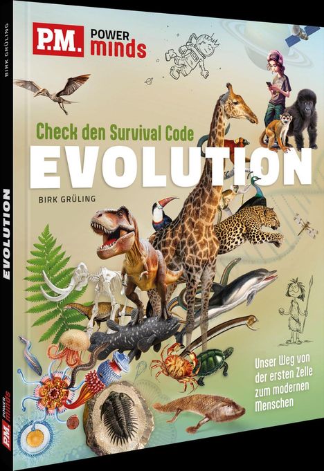 Titel: "Check den Survival Code: EVOLUTION". Verschiedene Tierarten, darunter Dinosaurier, Giraffe, Affe und Vögel.