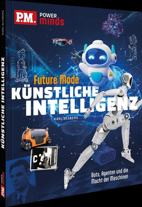 Titel: "Future Mode KÜNSTLICHE INTELLIGENZ". Farbige Illustrationen futuristischer Roboter und Technologie.
