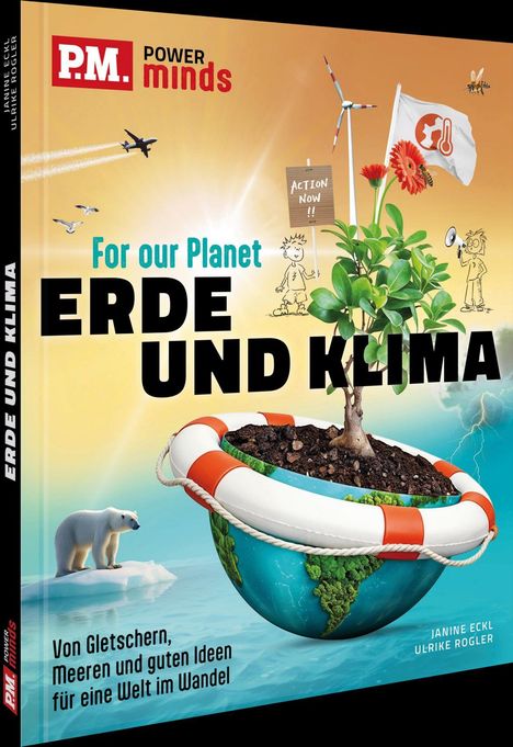 Schriftzug: "ERDE UND KLIMA". Eine Weltkugel im Rettungsring mit Baum, Windrad, Eisbär und Flugzeug.