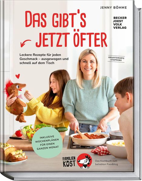 „Das gibt's jetzt öfter“ von Jenny Böhme, mit Rezepten und Menüplänen. Auf dem Cover eine Frau mit Kindern beim Kochen.