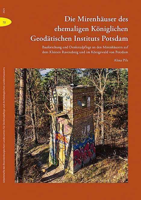 Titel: "Die Mirenhäuser des ehemaligen Königlichen Geodätischen Instituts Potsdam". Darunter ein Backsteingebäude im Wald.