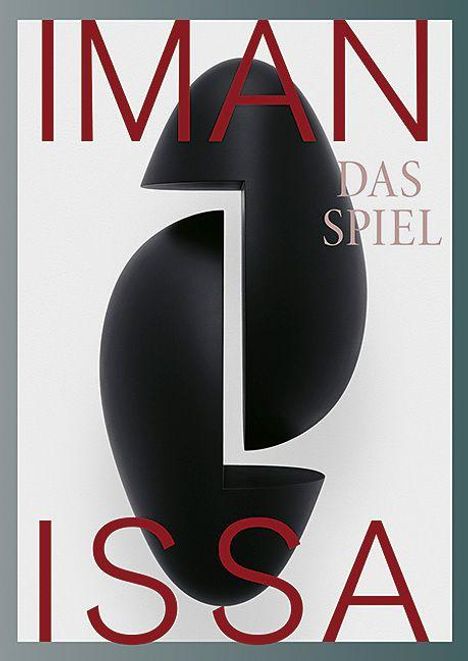 Text: "IMAN DAS SPIEL ISSA". Abstrakte schwarze Form auf hellem Hintergrund.