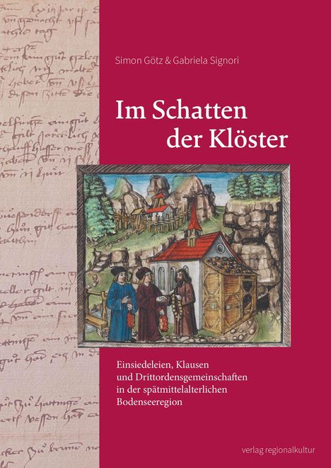 Titel: Im Schatten der Klöster. Illustration: Mönche und Gebäude in hügeliger Landschaft. Links Schriftrolle.