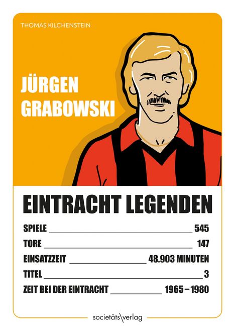"Jürgen Grabowski", "Eintracht Legenden", Illustration eines Mannes mit Schnurrbart in Sporttrikot, oranger Hintergrund.