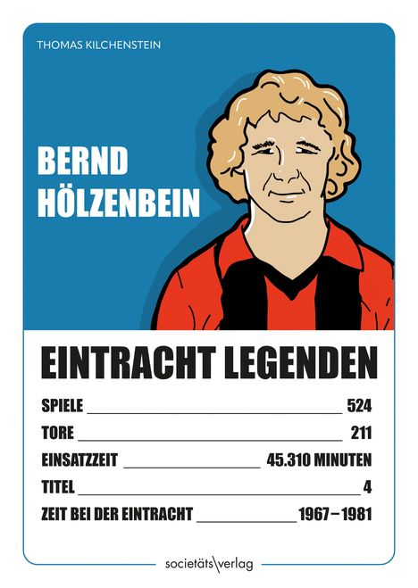 "Eintracht Legenden" mit Bernd Hölzenbein. Details: Spiele 524, Tore 211, Einsatzzeit 45.310 Minuten, Titel 4, 1967–1981. Illustration eines Mannes im Fußballtrikot.
