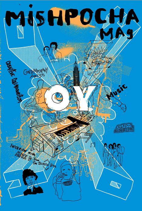 Text: "MISHPOCHA MAG", "OY", "Creative Collaboration", "Contemporary Artists", "Music", "Art Exhibition", "Interview with Mike D from The Beastie Boys".
Illustration: Bunte geometrische Formen, Menschen, Piano.